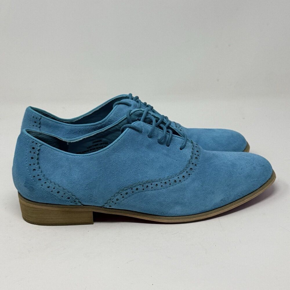 Twiggy of London Oxford Shoes Womens 11 M Teal Blue Suede Lace Up Wooden Heel